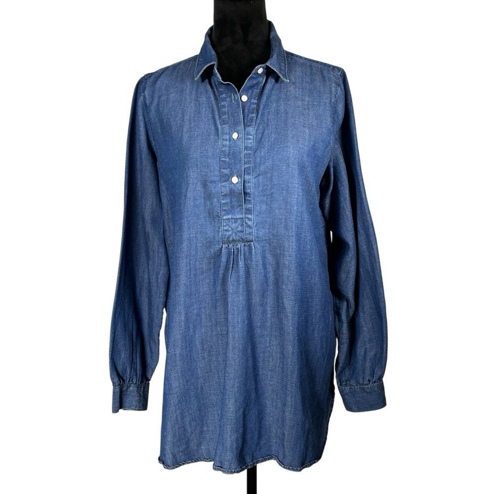 Loft Denim Tunic Top Long Sleeve Shirt Henley Buttons Linen Loose Dress Small